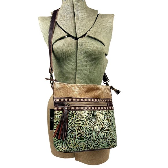 Myra Bag Crossbody Delphine Canvas Hairon Bag Embossed Western Boho Leather Med. - Picture 2 of 8